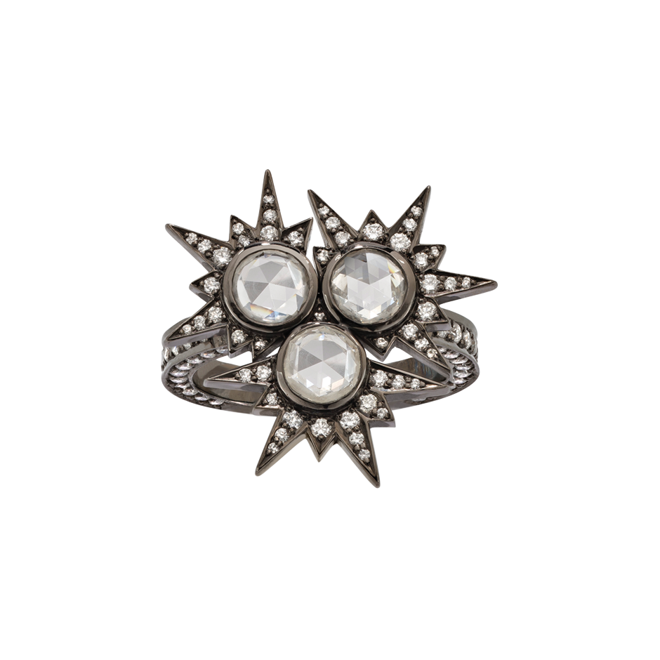 A  ring composed of rose and round brilliant cut diamonds in the centre with diamonds spikes surrounded set in blackened 18 karat white gold by Solange Azagury-Partridge
