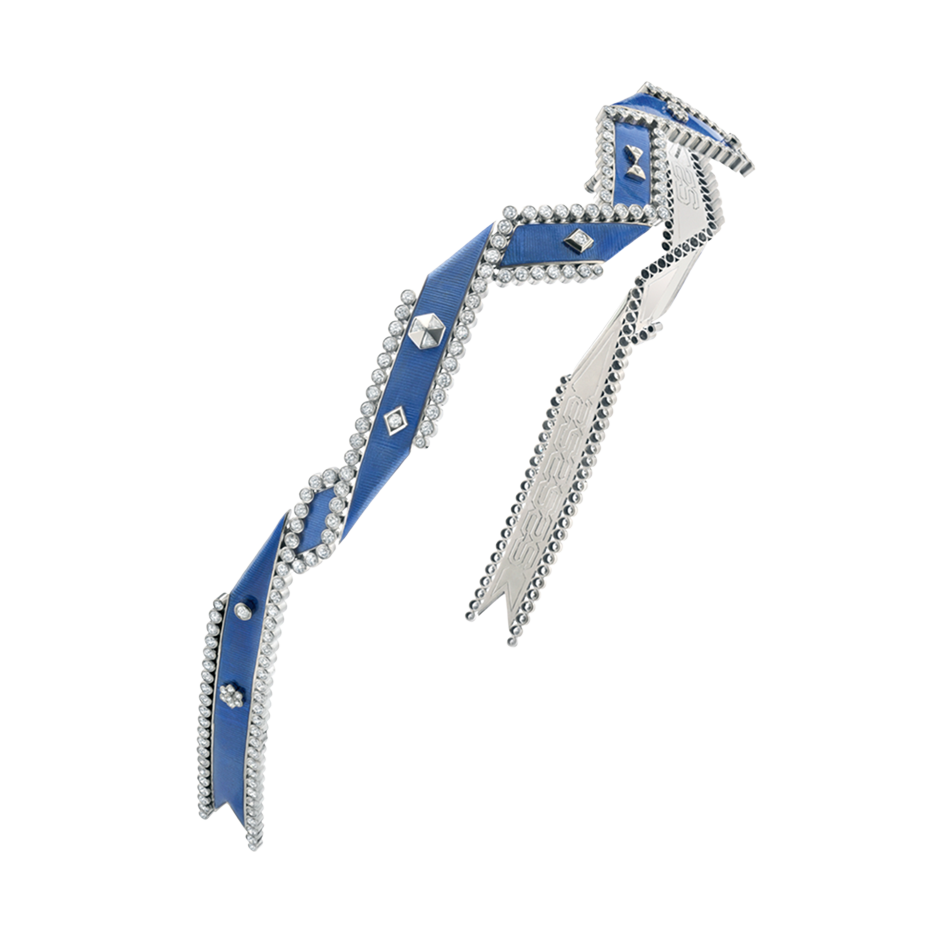 A twisted ribbon motif diamond and blue guilloché enamel regalia headband in 18 karat white gold by Solange Azagury-Partridge