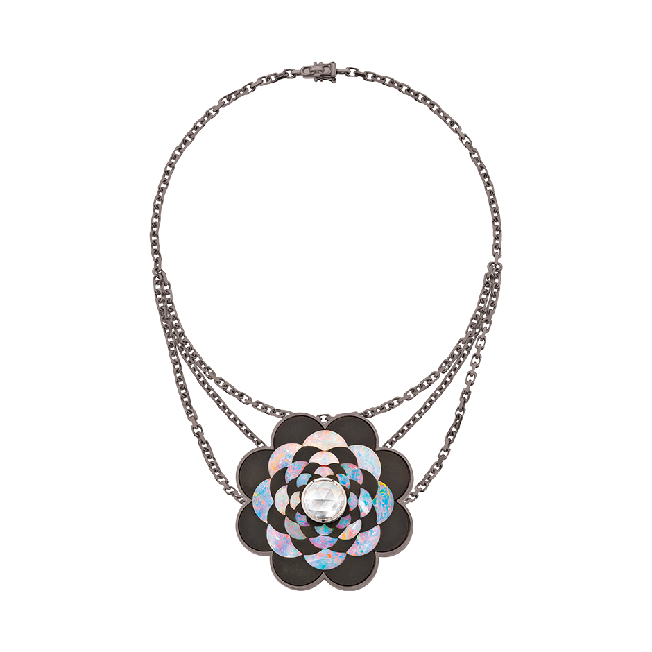Secret Garden Metamorphosis Jewellery Art Object Floor Flower Necklace Rose Cut Diamond Opals and Enamel by Solange Azagury-Partridge