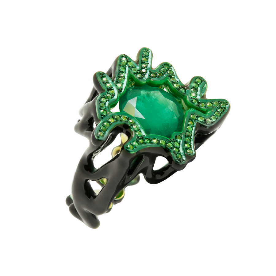 Scribbles Green Emerald & Black Lacquer Ring set in 18k Yellow gold by Solange Azagury-Partridge angled view