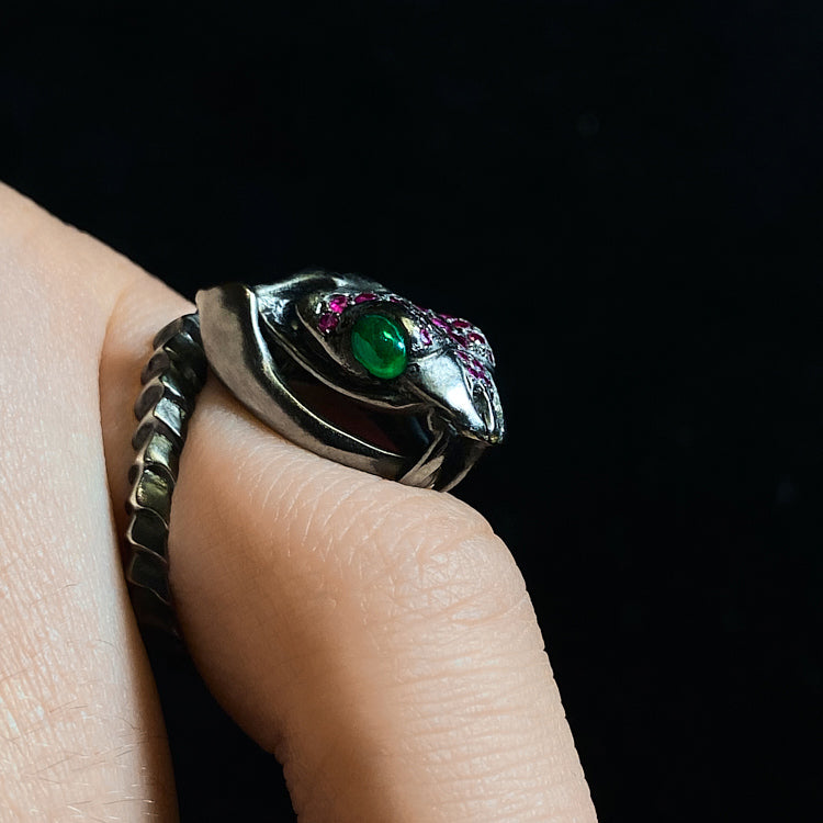 Alpha Viper Articulated Head Ring in Blackened 18 Karat White Gold and set with Emerald Eyes ad Ruby head by Solange Azagury-Partridge ON Hand