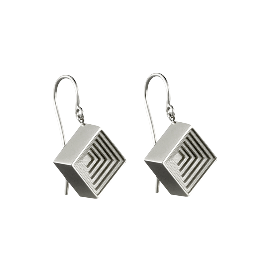 Square 24:7 Graphic shaped earrings in 18 karat white gold on french hooks by Solange Azagury-Partridge Front View