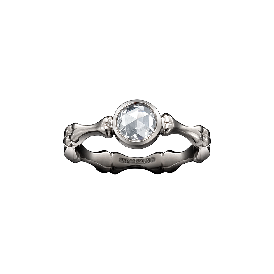 Till Death Us Do Part Bone motif engagement ring with rose cut diamond and 18 karat white gold by Solange Azagury-Partridge