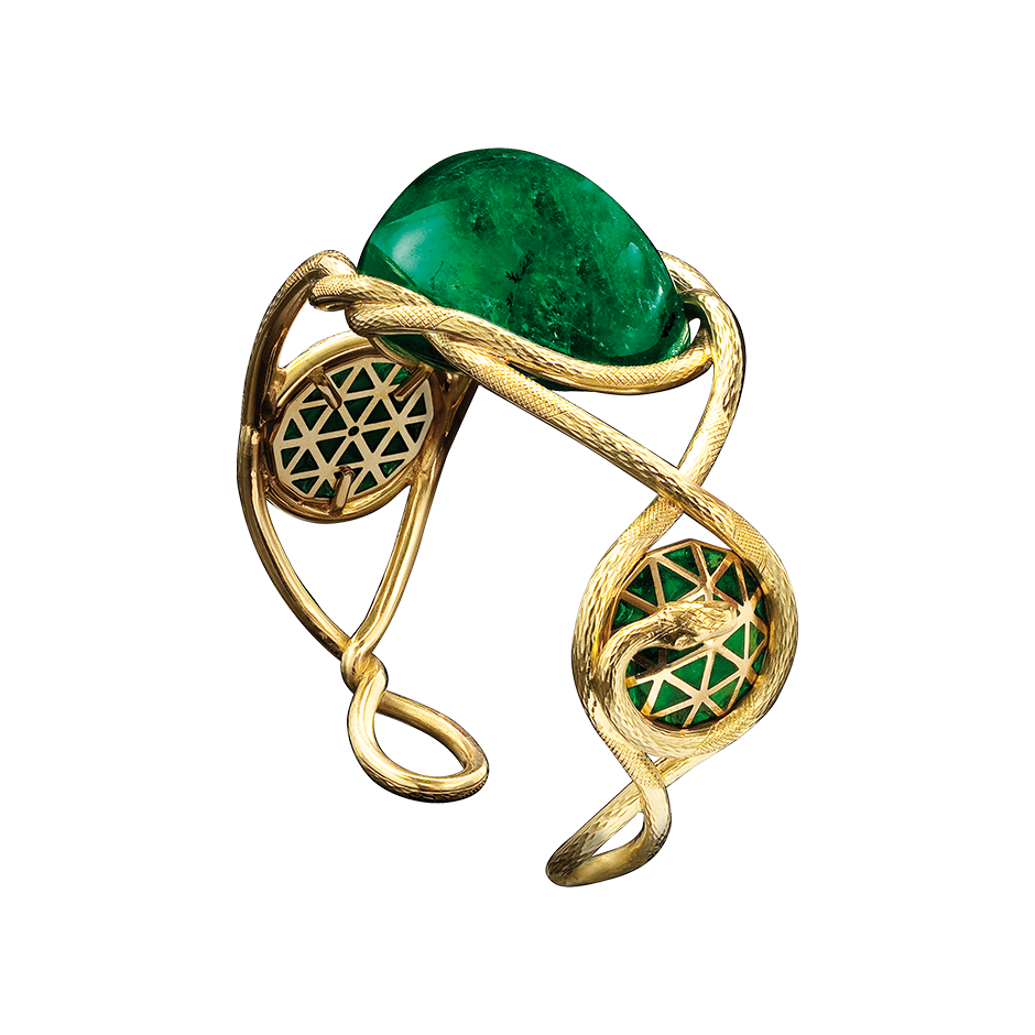 Treasure bangle of an emerald snake motif encircling emerald cabochon in 18 karat yellow gold by Solange Azagury-Partridge