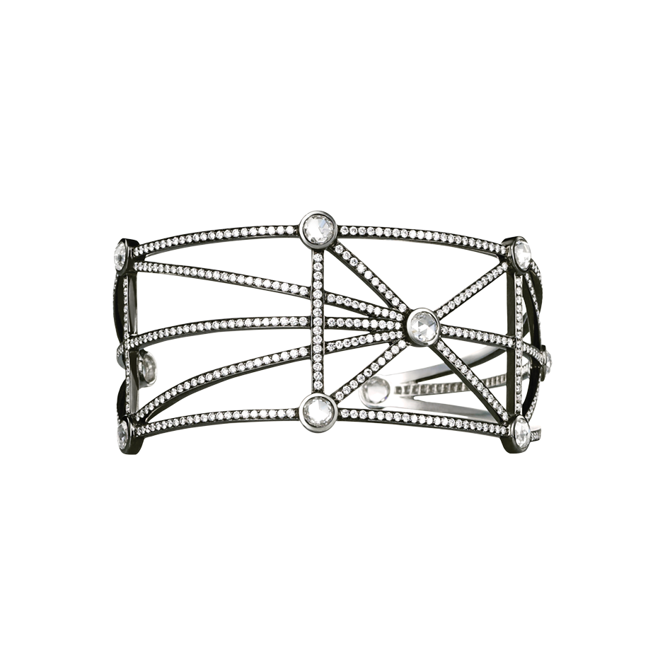 An open work bangle set with brilliant and rose cut diamonds in blackened 18 karat white gold﻿ by Solange Azagury-Partridge