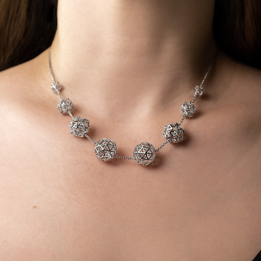 Constellation Necklace Star Spheres in 18karat white gold necklace by Solange Azagury-Partridge on model