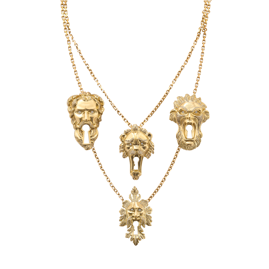 Through the Keyhole Metamorphosis Jewellery Art Object Gold Keyhole Gargoyle head Necklace by Solange Azagury-Partridge