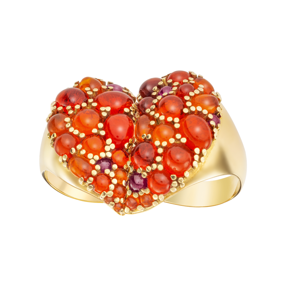 Broken Heart Two Finger Heart Ring Set with Fire Opal and Ruby Cabochons on 18k Yellow Gold By Solange Azagury-Partridge Side