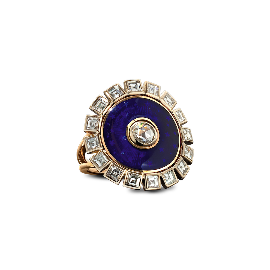 Duchess ring made from round rose cut diamond blue enamel and princess cut diamonds set around a circle in 18 karat yellow gold by Solange Azagury-Partridge