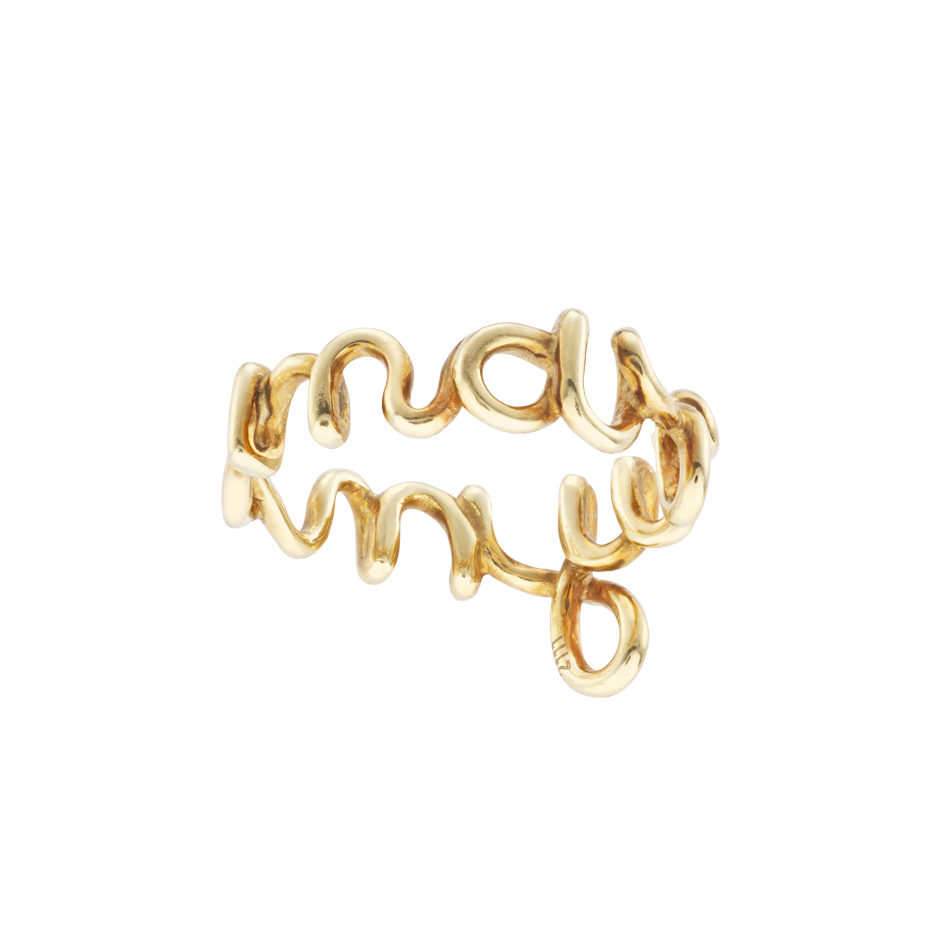 Marry Me Word Ring made from wire curved into the words of marriage proposal 18k yellow gold by Solange Azagury-Partridge front view