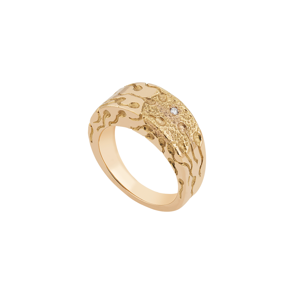 A ring with miracle of conception engraved with a round brilliant cut diamond as a zygote set in 18 karat yellow gold by Solange Azagury-Partridge