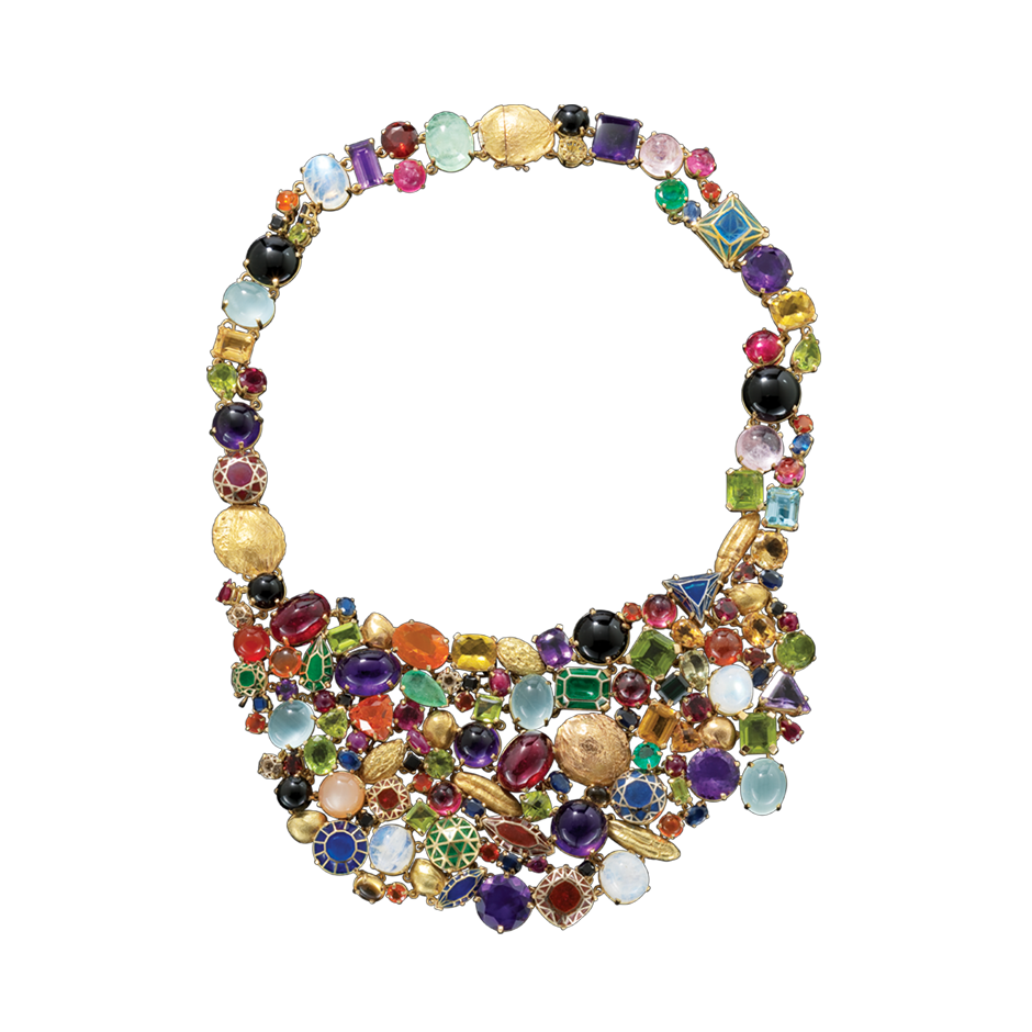 Stoned Necklace made from cast Cherry, Almond, and Dates stones in 18 karat yellow gold and precious gemstones and plique a jour enamel stones by Solange Azagury-Partridge